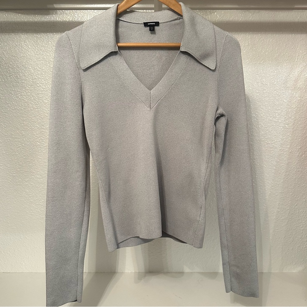 Express Grey Medium v-neck collar ribbed knit sweater